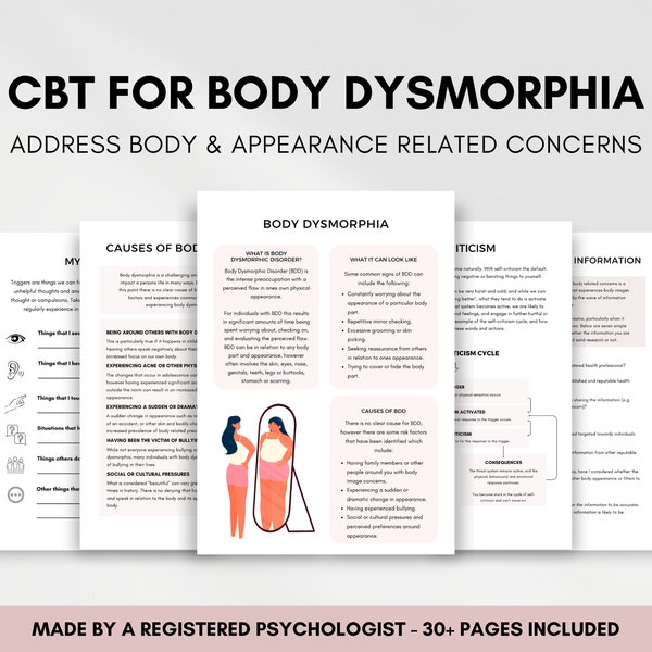 CBT voor lichaamsdysmorfie werkbladenbundel, vragen over lichaamsdysmorfietherapie voor het begrijpen en overwinnen van lichaamsdysmorfe stoornis