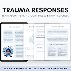 Fight Flight Freeze Fawn Trauma Response Therapy Worksheets for Understanding PTSD Symptoms, Stress Response and Completing Stress Cycle