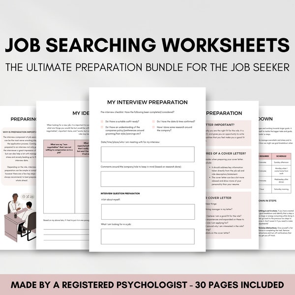 Job Search Planner & Application Worksheets for Job Seeker, Finding Dream Job, Interview Prep Questions, Job Hunting and Resume Writing