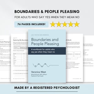 May include: A workbook titled Boundaries and People Pleasing by Veronica West, featuring 76 pages for adults who say yes when they mean no. The cover is light blue with dark text and a wave graphic. Several interior pages are visible.