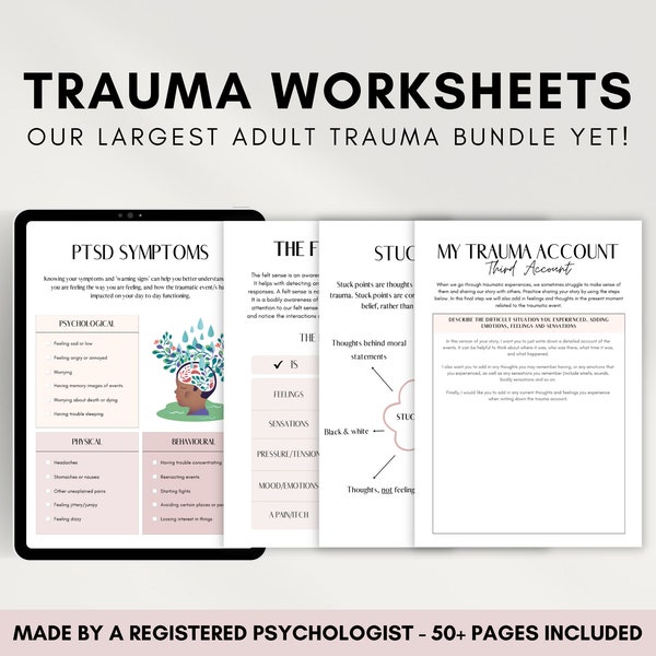 Trauma Worksheets Adult MEGA Bundle, PTSD Workbook 50 Pages, CBT for Teens, Trauma Therapy Treatment Plan, Somatic Healing Coping Skills