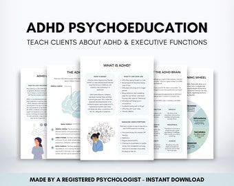 ADHD Education Worksheets Bundle, Executive Function Template, ADHD Symptoms Psychoeducation Workbook, ADHD for Adults Therapist Resource