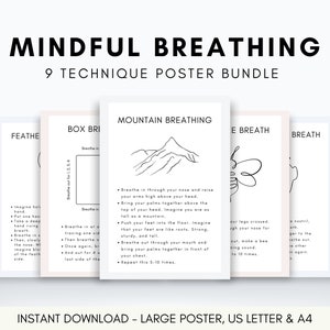 Mindful Breathing Poster Bundle, Calming Strategies Posters, Mindfulness Cards for Kids, Coping Skills for Children, Grounding Poster