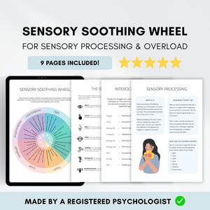 以下が含まれることがあります： デジタルタブレットには、カラフルな円形図とテキストが表示された「感覚を落ち着かせるホイール」が表示されています。画像には「感覚処理と過負荷のための感覚を落ち着かせるホイール」と「9ページが含まれています！」というテキストが含まれています。