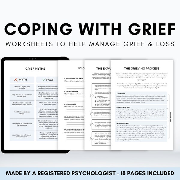 Grief Therapy Worksheets for Adults, Coping Skills for Grief and Loss, Grievance Journal, ACT Worksheets, Acceptance and Commitment Therapy