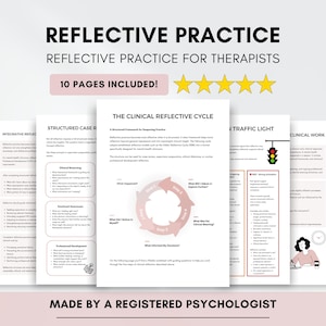 Puede incluir: Un conjunto de páginas blancas con texto y gráficos, tituladas "Reflective Practice" y "Reflective Practice for Therapists". Las páginas incluyen el texto "10 Pages Included!" y están diseñadas para terapeutas. La parte inferior de la imagen dice "Made by a Registered Psychologist."