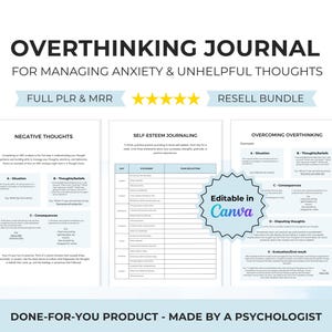 May include: An Overthinking Journal for managing anxiety and unhelpful thoughts, featuring three pages with sections for negative thoughts, self-esteem journaling, and overcoming overthinking. Includes a star rating and Editable in Canva badge.