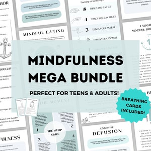 Mindfulness-megabundel | Mindfulness-werkbladen voor volwassenen en tieners | Mindfulness-ademhalingskaarten | Werkbladen Dankbaarheid | Mindful eten