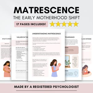 Może przedstawiać: Produkt cyfrowy zatytułowany "MATRESCENCE THE EARLY MOTHERHOOD SHIFT" z 17 stronami. Strony zawierają ilustracje kobiet w ciąży i matek z dziećmi. Tekst zawiera "Understanding Matrescence" i "Made by a Registered Psychologist."