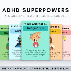 ADHD Superpowers Poster Bundle, Neurodivergente Drucke, ADHD für Kinder Wandkunst für Therapeut Büro Dekor, Exekutive Dysfunktion Kinder