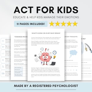 Könnte beinhalten: Ein Set aus 11 pädagogischen Arbeitsblättern mit dem Titel ACT FOR KIDS, die Kindern helfen sollen, ihre Emotionen zu bewältigen. Die Seiten enthalten Text, eine zentrale Illustration eines besorgten rosa Gehirns und Symbole.