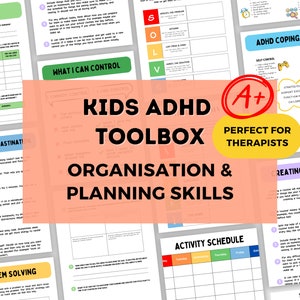 Paquete de caja de herramientas para niños con TDAH / Hojas de trabajo del planificador de TDAH para niños / Salud mental para niños / Funciones ejecutivas para niños