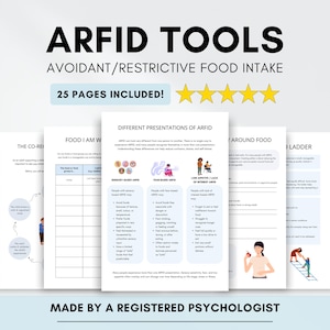 May include: A digital download titled "ARFID TOOLS" with the subtitle "Avoidant/Restrictive Food Intake." The image shows several pages with text and illustrations, including "25 PAGES INCLUDED!" and "MADE BY A REGISTERED PSYCHOLOGIST."
