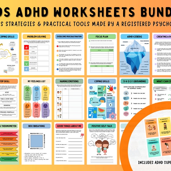 ADHD Worksheets Mega Bundle for Kids | ADHD Planner Printable Workbook for Kids Mental Health & Emotional Regulation