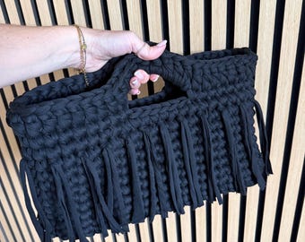 Handmade Crochet Tote Bag | Black Chunky Tassel Shopper |