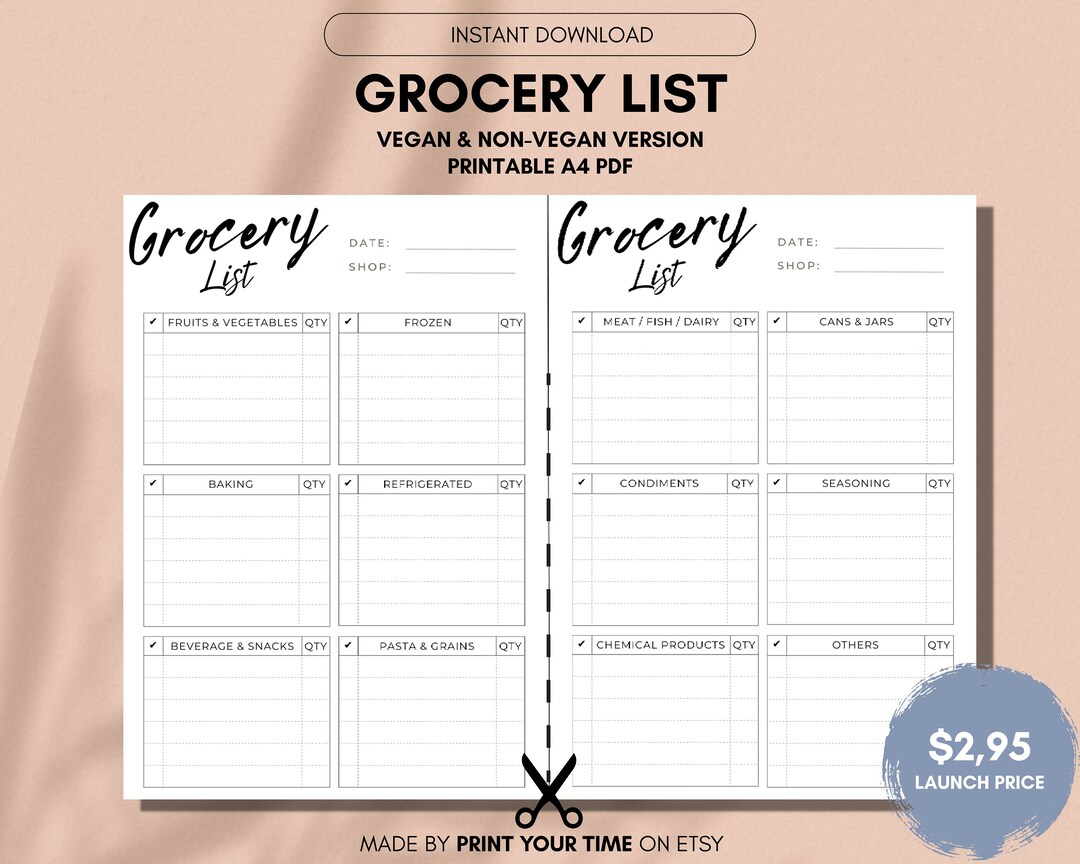 Grocery List Printable Digital PDF Two Versions for Meat-eaters and ...