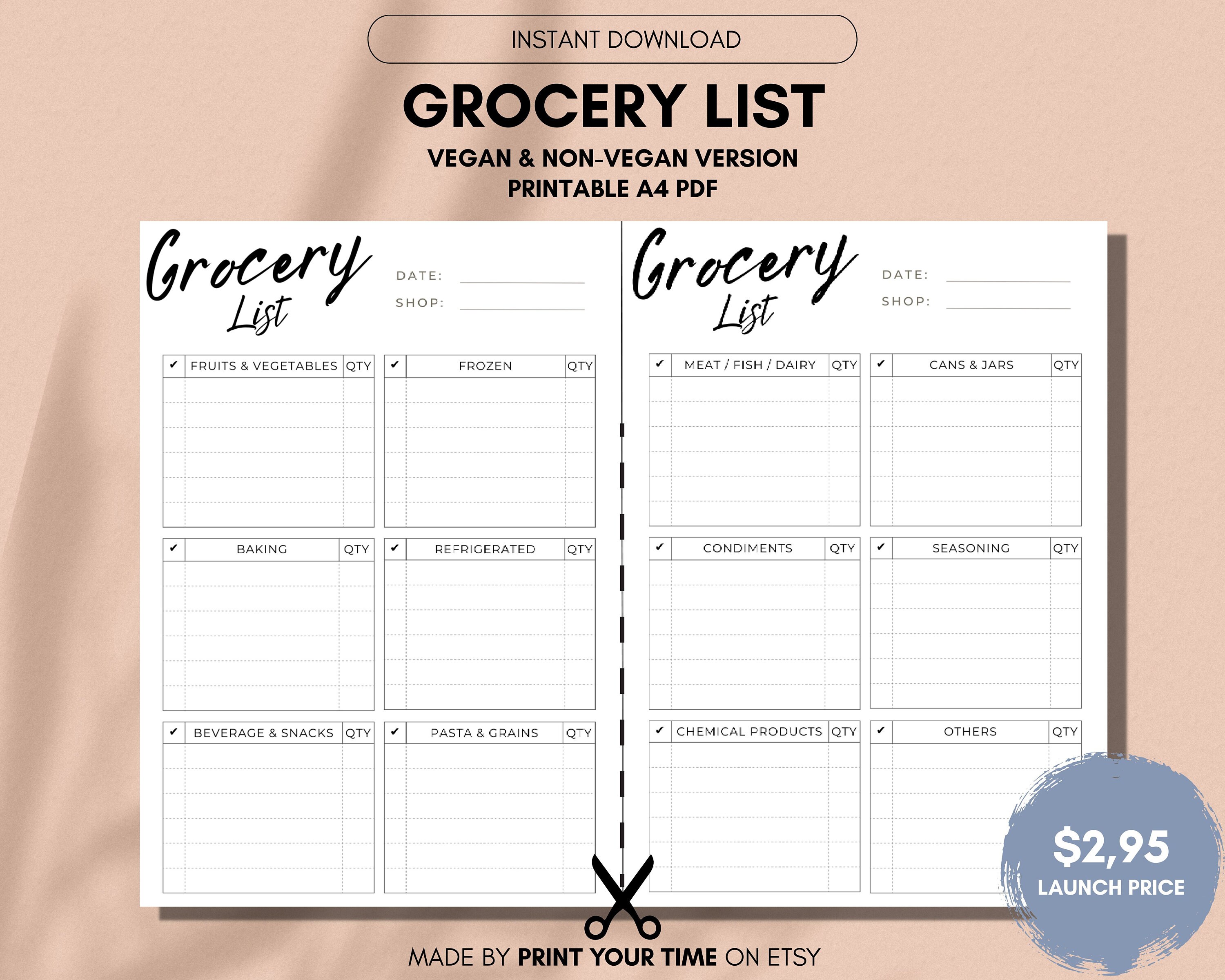 Grocery List Printable Digital PDF Two Versions for Meat-eaters and ...