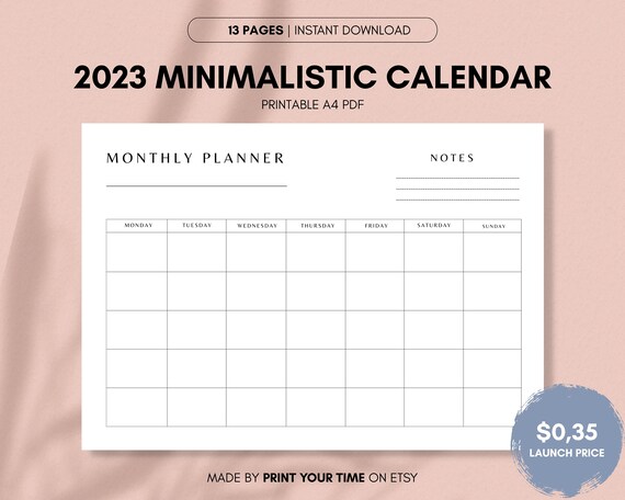 2023 Calendar January Printable, Digital Monthly Planner, Minimalist  Calendar, Printable, Minimalistic, Aesthetic A4 PDF & Sunday Start - Etsy
