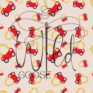 May include: A seamless pattern featuring red toy cars with white wheels and black accents on a light beige background. The text "Wild Goose" is written in black cursive script.