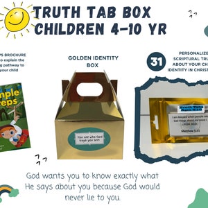 Puede incluir: Una caja dorada con un asa recortada y las palabras "Golden Identity Box" impresas en la parte delantera. La caja está sobre una superficie blanca. Un pequeño folleto con las palabras "Simple Steps" impresas en la portada está situado en el lado izquierdo de la imagen. Una pequeña bolsa dorada con las palabras "Truth Tab" impresas en la parte delantera está situada en el lado derecho de la imagen. La bolsa contiene una pequeña tarjeta con un versículo bíblico impreso en ella. La imagen también incluye un arcoíris, un árbol y una corona.