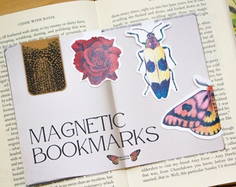 PACK MAGNETIC BOOKMARKS - Rose Magnetic Bookmark - Moth Magnetic Bookmark - Beetle Magnetic Bookmark - The Secret Garden Magnetic Bookmark