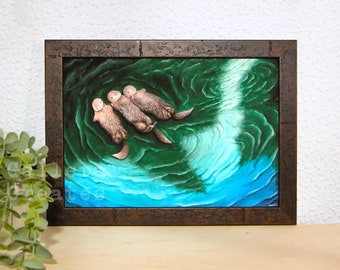Cute Otters Holding Hands in the Water A4 Art Print - Gouache Art Print - Matte Paper