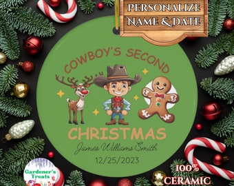 Cowboy's 2nd Christmas Personalized Ornament, Ceramic Custom Christmas Ornament, Baby Keepsake, Baby Shower Gift, Christmas Tree Ornament