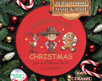 Cowboy's First Christmas Personalized Ornament, Ceramic Custom Christmas Ornament, Baby Keepsake, Baby Shower Gift, Christmas Tree Ornament