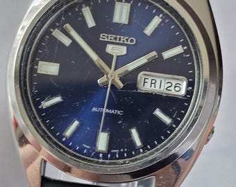 Men&#39;s Vintage Stainless Steel SEIKO 5 21 Jewels Quick Set Day Date Mechanical Automatic Wristwatch 7S26-3040