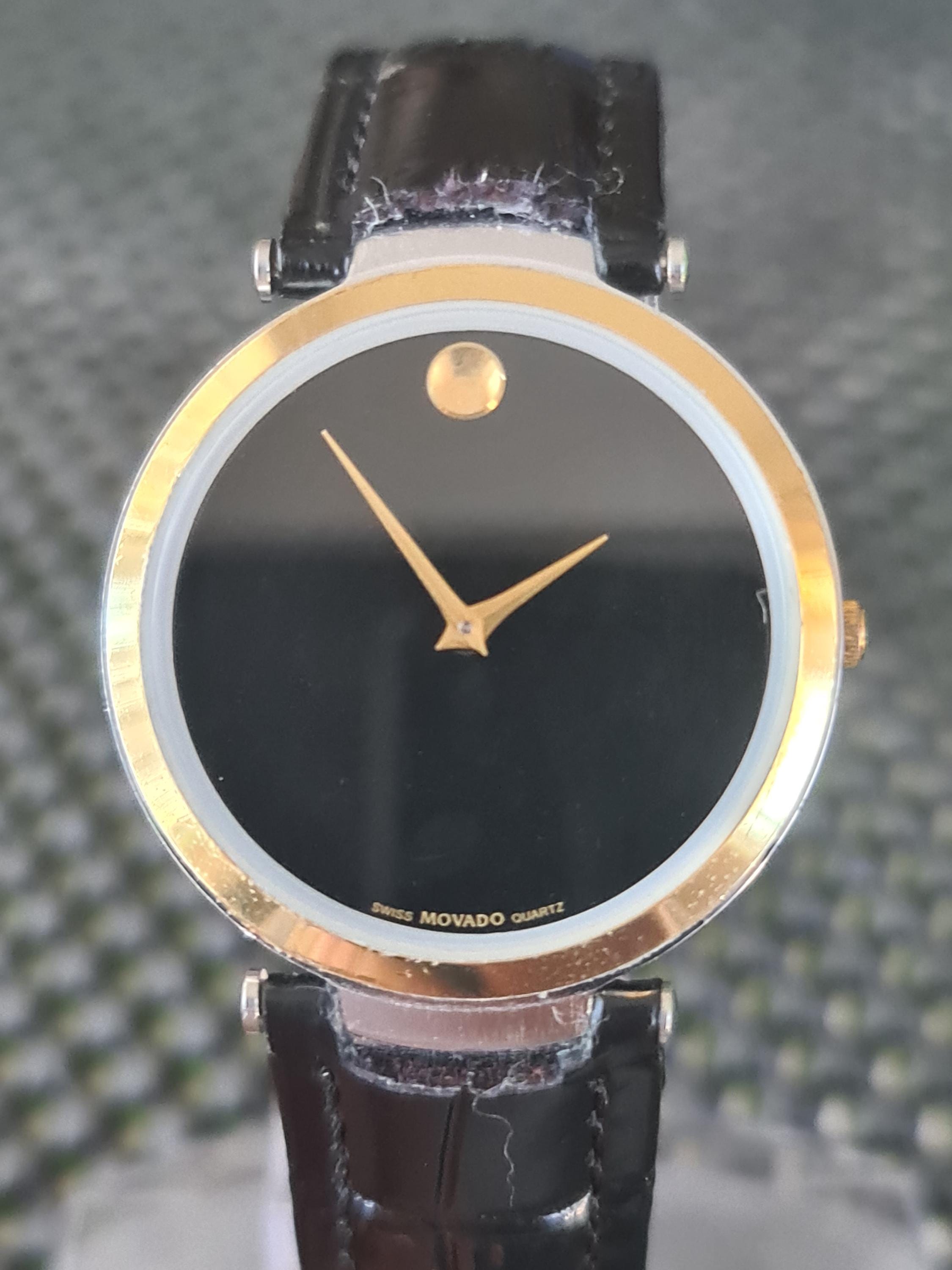 Stunning Vintage MOVADO MUSEUM 18K and Stainless Steel Extra Slim Swiss Quartz Wristwatch