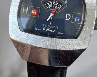 Vintage SICURA BREITLING Digital Jumphour 17 Jewel Swiss Made Mens Mechanical Wristwatch