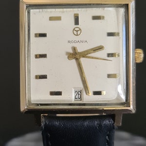 Raro reloj de pulsera automático RODANIA de 25 joyas, cuadrado, vintage, para hombre, de los años 60, con fecha a las 6