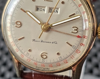 Rare Mens Vintage HENRI DUVOISIN & Cie 17J Triple Date Pointer Mechanical Watch