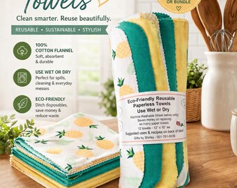 12 Pack Pineapple Print Cotton Flannel Paperless Towels – Reusable Kitchen Cloths