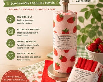 Paperless Towels - Strawberry theme - Reusable Cotton Flannel, (12 per Roll) – Eco-Friendly Cloths