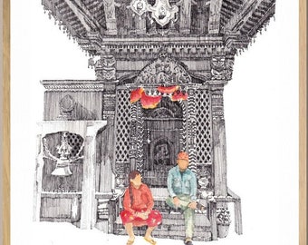 Ganesh Temple - Lalitpur Nepal Wall Art | Monochrome Nepalese Art | Nepali Art | Original Art Print | Kathmandu Decor