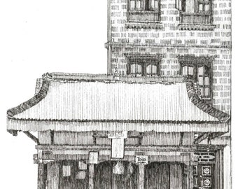 May include: A black and white pen and ink drawing of a building with a sign that says "Toilet". There are several people sitting in front of the building.