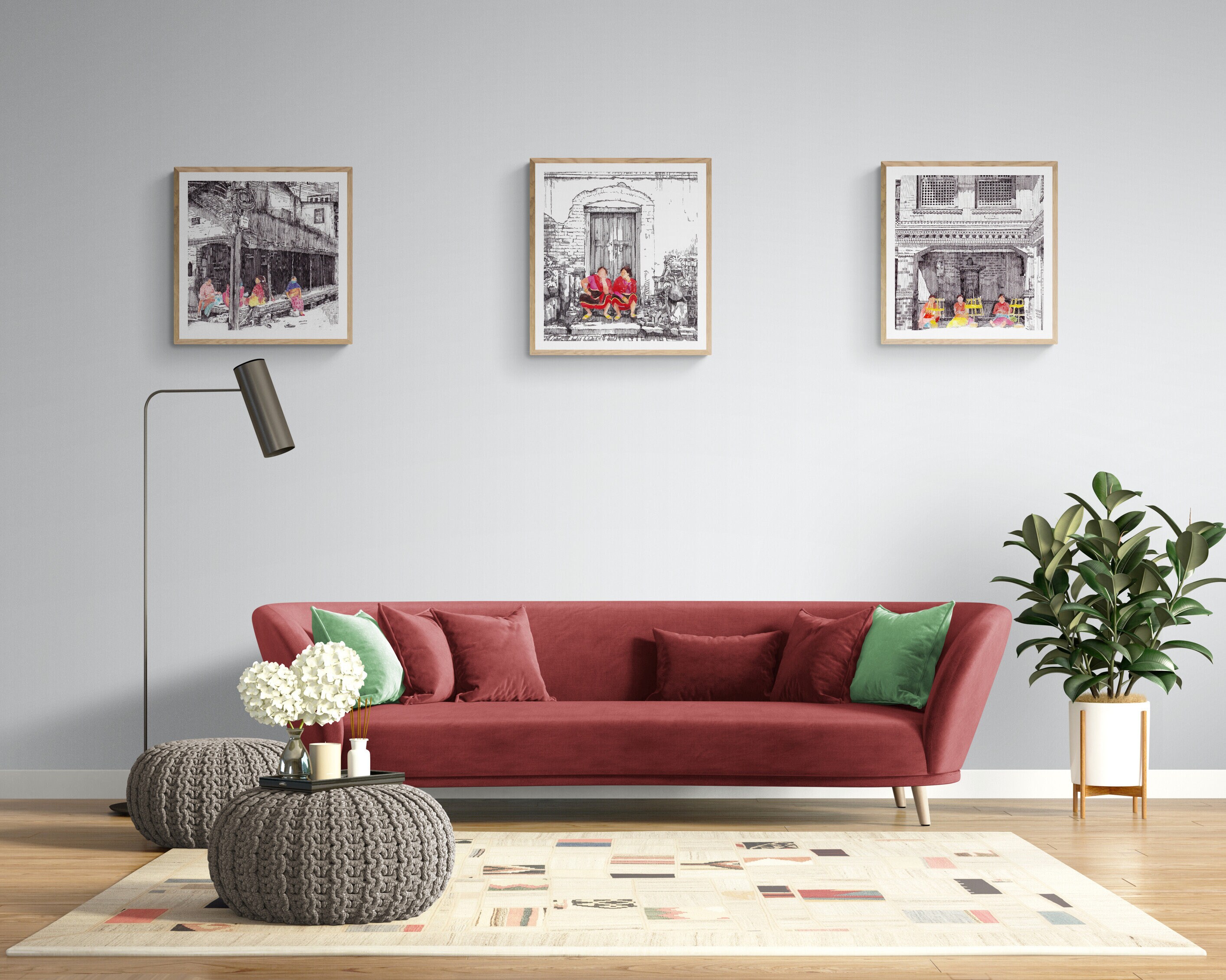 Women at Leisure II Lalitpur Nepal Wall Art Monochrome Nepali Art Pen