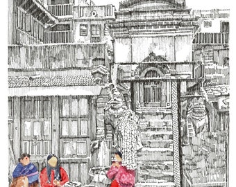 May include: A black and white ink drawing of a street scene in a city. The drawing features a group of people sitting on the steps of a building, selling fruit from baskets. The building in the background has a domed roof.