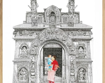 The Golden Temple - Lalitpur Nepal Wall Art | Monochrome Nepalese Art | Nepali Art | Original Art Print | Kathmandu Decor