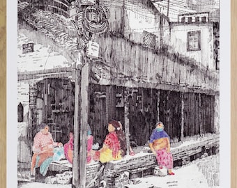 May include: A black and white pen and ink drawing of four women sitting on a bench outside a building. The women are wearing colorful clothing and the building is made of brick. The drawing is done in a realistic style.
