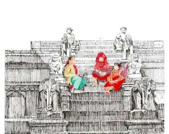 May include: An ink drawing depicts a stone structure with steps and figures. Three figures in colorful clothing sit on the steps. The drawing is detailed with fine lines, creating a textured effect. Statues are placed on the structure.