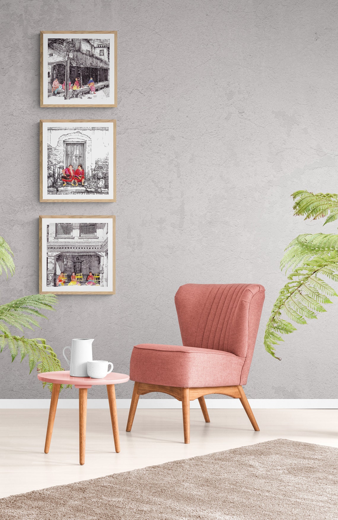 Women at Leisure II Lalitpur Nepal Wall Art Monochrome Nepali Art Pen