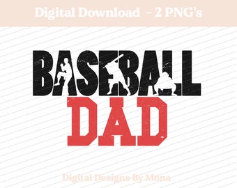May include: Black and red graphic design with the text "Baseball Dad" with silhouettes of baseball players in the word "Baseball".