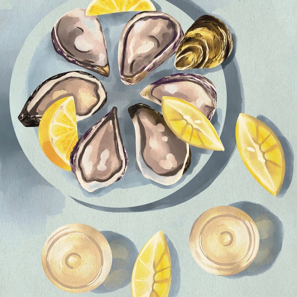 Oyster and Lemon Coastal Kitchen Print - CMYK/RG Printable File - Chic Seaside Decor Instant Download