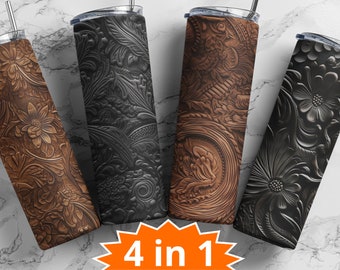 Tooled Leather 20 oz Skinny Tumbler Sublimation Design, Instant Digital Download PNG, Straight Tumbler Wrap PNG, 4 for the price 1