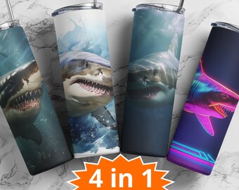 Shark 20 oz Skinny Tumbler Sublimation Design, Instant Digital Download PNG, Straight Tumbler Wrap PNG, 4 for the price 1