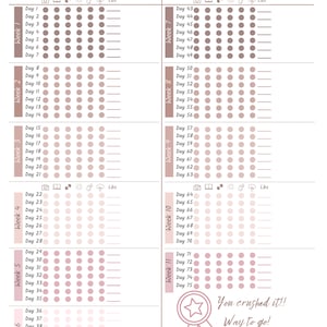 May include: A printable 75 Hard challenge tracker with a pink and white color scheme. The tracker is divided into 11 weeks, with each week containing 7 days. Each day has a section for recording progress on various activities, including taking a progress picture, reading 10 pages, drinking 1 gallon of water, completing a 45-minute workout, and completing a 45-minute workout outdoors. The tracker also includes a section for recording weight.