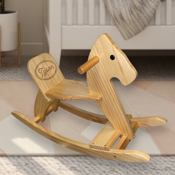 Jouet en bois pour bébé cheval à bascule en bois pour tout-petits/enfants, design classique en bois personnalisé, nom de l'enfant personnalisé gravé au laser