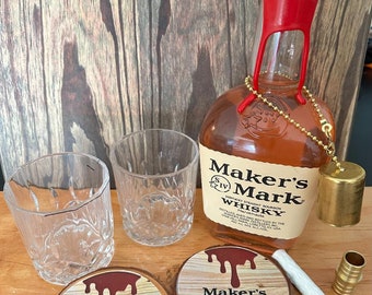 Maker's Mark Bourbon Table Top Tiki Torch - 2 Coasters - 2 Tiki Glasses